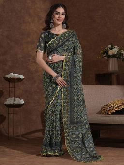 SATRANI - Black Printed Mirror Work Scalloped Border Georgette Saree with Unstitched Blouse