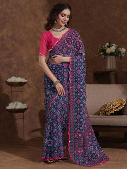 SATRANI - Navy Blue Printed Mirror Work Scalloped Border Georgette Saree with Unstitched Blouse