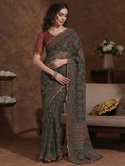 SATRANI - Green Mirror Work Scalloped Border Georgette Saree with Unstitched Blouse