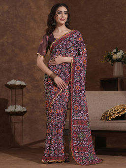 SATRANI - Wine Mirror Work Scalloped Border Georgette Saree with Unstitched Blouse