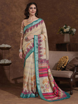 SATRANI - Dusty Beige Printed Weaving Linen Saree with Unstitched Blouse
