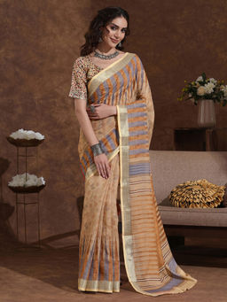 SATRANI - Dark Beige Printed Weaving Linen Saree with Unstitched Blouse