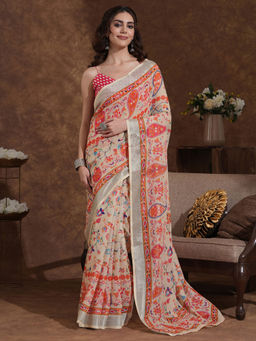 SATRANI - Beige Printed Weaving Linen Saree with Unstitched Blouse