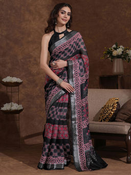 SATRANI - Black Printed Weaving Linen Saree with Unstitched Blouse