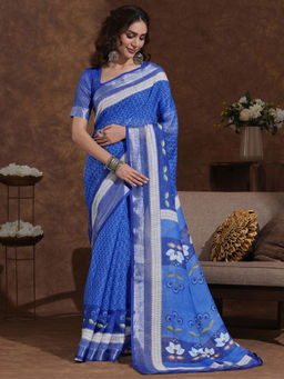 SATRANI - Blue Printed Weaving Linen Saree with Unstitched Blouse