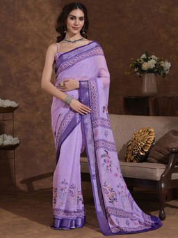 SATRANI - Lavender Floral Printed Weaving Linen Saree with Unstitched Blouse