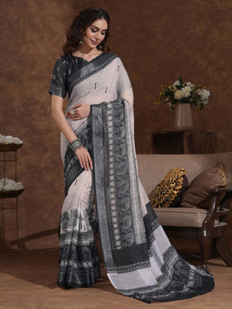 SATRANI - Off White Black Printed Weaving Linen Saree with Unstitched Blouse