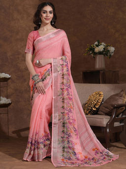 SATRANI - Pink Floral Printed Weaving Linen Saree with Unstitched Blouse