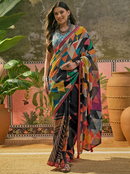 SATRANI - Black Printed Zari Border Tassels Silk Saree with Unstitched Blouse