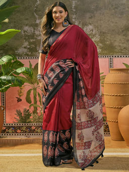 SATRANI - Red Printed Zari Border Tassels Silk Saree with Unstitched Blouse