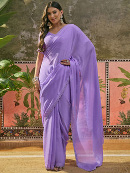 SATRANI - Lavender Stone Work Scalloped Border Chiffon Saree with Unstitched Blouse