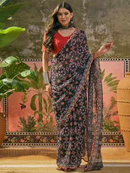 SATRANI - Black Mirror Work Scalloped Border Georgette Saree with Unstitched Blouse