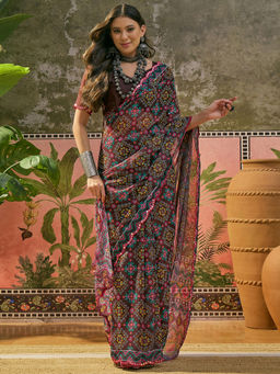 SATRANI - Brown Mirror Work Scalloped Border Georgette Saree with Unstitched Blouse