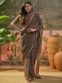 SATRANI - Brown Mirror Work Scalloped Border Georgette Saree with Unstitched Blouse