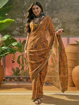 SATRANI - Mustard Mirror Work Scalloped Border Georgette Saree with Unstitched Blouse