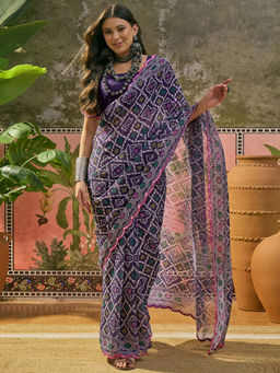 SATRANI - Purple Mirror Work Scalloped Border Georgette Saree with Unstitched Blouse