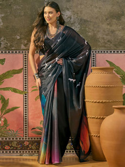 SATRANI - Black Printed Shimmer Georgette Saree with Unstitched Blouse