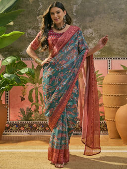 SATRANI - Dusty Green Printed Weaving Georgette Saree with Unstitched Blouse