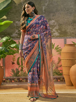 SATRANI - Dusty Floral Purple Printed Weaving Georgette Saree with Unstitched Blouse