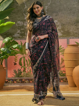SATRANI - Black Printed Weaving Georgette Saree with Unstitched Blouse
