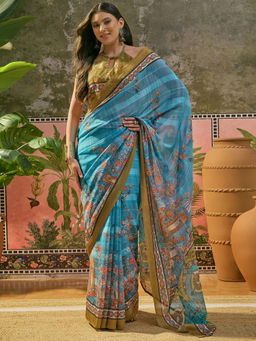 SATRANI - Sky Blue Printed Weaving Georgette Saree with Unstitched Blouse