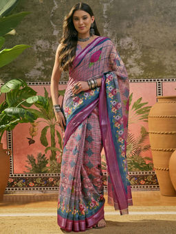 SATRANI - Multi-Color Printed Floral Printed Zari Border Linen Saree with Unstitched Blouse