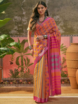 SATRANI - Orange Multi Printed Zari Border Linen Saree with Unstitched Blouse