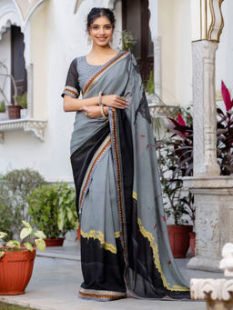SATRANI - Grey Printed Lace Tassels Georgette Saree with Unstitched Blouse