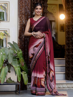 SATRANI - Maroon Printed Lace Tassels Georgette Saree with Unstitched Blouse