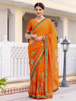 SATRANI - Orange Printed Lace Tassels Georgette Saree with Unstitched Blouse