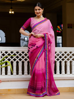 SATRANI - Light Pink Printed Lace Tassels Georgette Saree with Unstitched Blouse