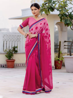 SATRANI - Dark Pink Printed Lace Tassels Georgette Saree with Unstitched Blouse