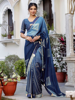 SATRANI - Navy Blue Printed Lace Tassels Chiffon Saree with Unstitched Blouse