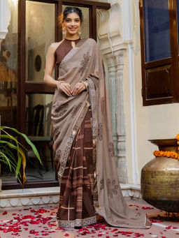SATRANI - Dark Brown Printed Lace Tassels Chiffon Saree with Unstitched Blouse
