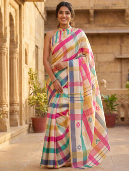 SATRANI - Beige Checks Stripes Printed Ready To Wear Saree with Unstitched Blouse