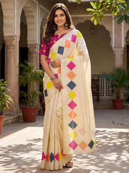 SATRANI - Beige Printed Chanderi Cotton Ready To Wear Saree with Unstitched Blouse