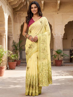 SATRANI - Light Yellow Printed Chanderi Cotton Ready To Wear Saree with Unstitched Blouse