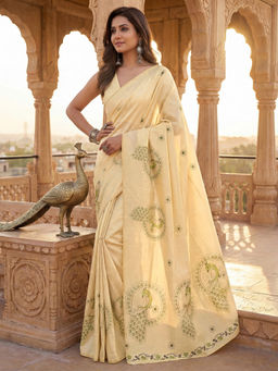 SATRANI - Beige Printed Chanderi Cotton Ready To Wear Saree with Unstitched Blouse