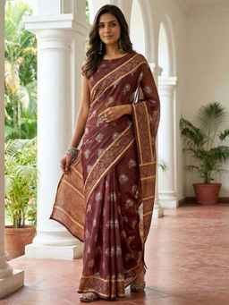 SATRANI - Coffee Brown Printed Chanderi Cotton Ready To Wear Saree with Unstitched Blouse