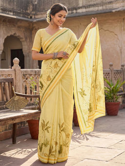 SATRANI - Yellow Printed Chanderi Cotton Ready To Wear Saree with Unstitched Blouse