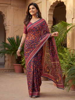 SATRANI - Navy Blue Floral Printed Chanderi Cotton Ready To Wear Saree with Unstitched Blouse