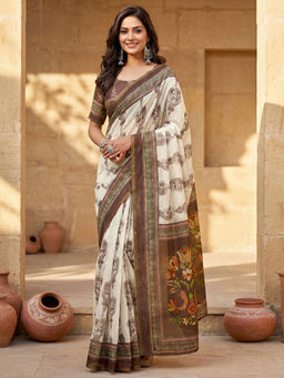 SATRANI - Off-White Printed Chanderi Cotton Ready To Wear Saree with Unstitched Blouse