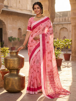 SATRANI - Light Pink Printed Chanderi Cotton Ready To Wear Saree with Unstitched Blouse