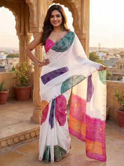 SATRANI - White Bandhani Printed Chanderi Cotton Ready To Wear Saree with Unstitched Blouse