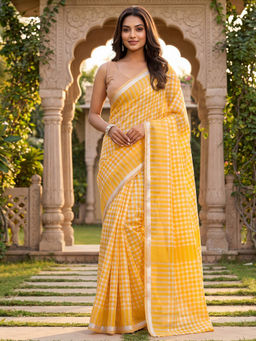 SATRANI - Yellow Checks Printed Chanderi Cotton Ready To Wear Saree with Unstitched Blouse