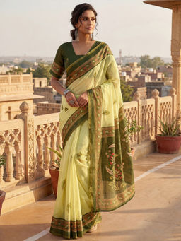 SATRANI - Lemon Yellow Printed Chanderi Cotton Ready To Wear Saree with Unstitched Blouse