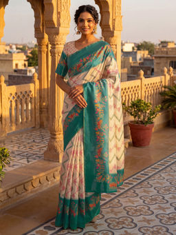 SATRANI - Beige Printed Silk Ready To Wear Saree with Unstitched Blouse
