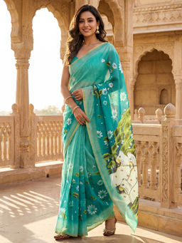SATRANI - Turquoise Printed Linen Ready To Wear Saree with Unstitched Blouse