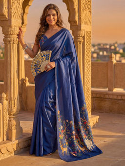 SATRANI - Navy Blue Printed Silk Ready To Wear Saree with Unstitched Blouse