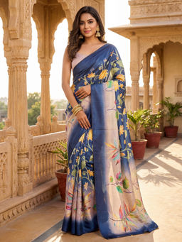 SATRANI - Navy Blue Floral Printed Silk Ready To Wear Saree with Unstitched Blouse
